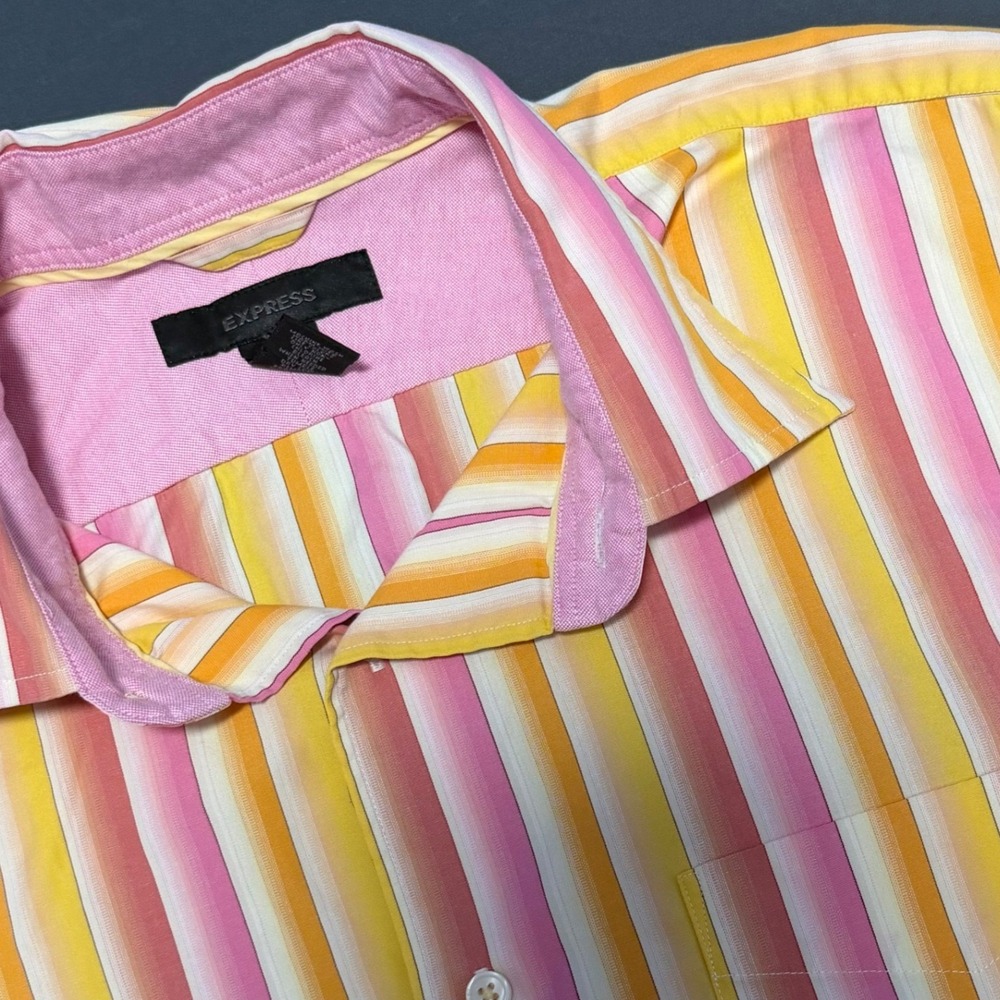 Express Striped Button Mens L Pink Orange Yellow Long Sleeve‎